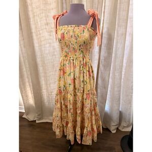Storia Yellow Floral Smocked Maxi Dress Tie Strap Tiered JD5855 Womens Large NWT